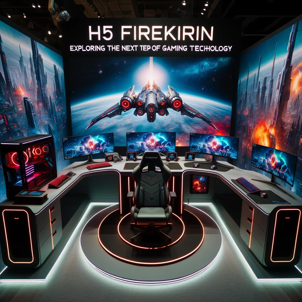 Futuristic gaming setup with H5 FireKirin branding